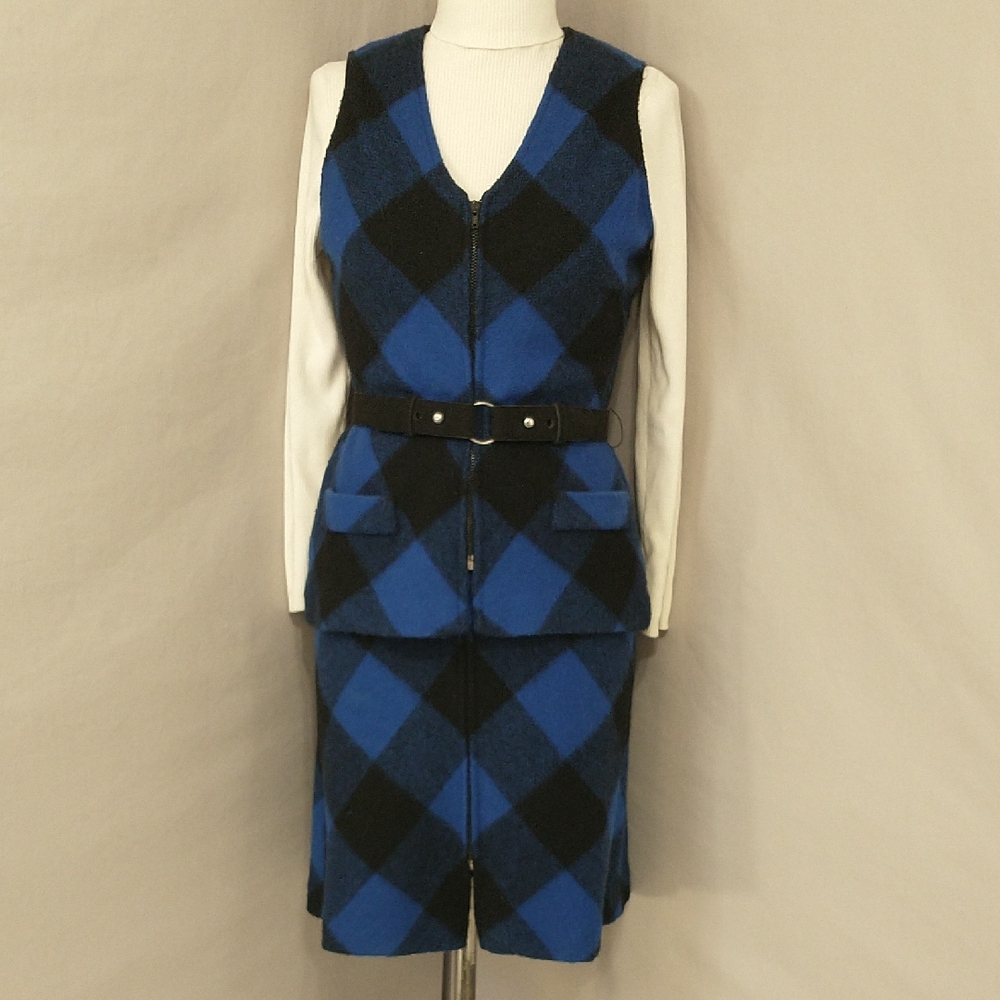 Vintage Blue Buffalo Check Plaid Skirt Set Long Vest Belted 70s See Measurements